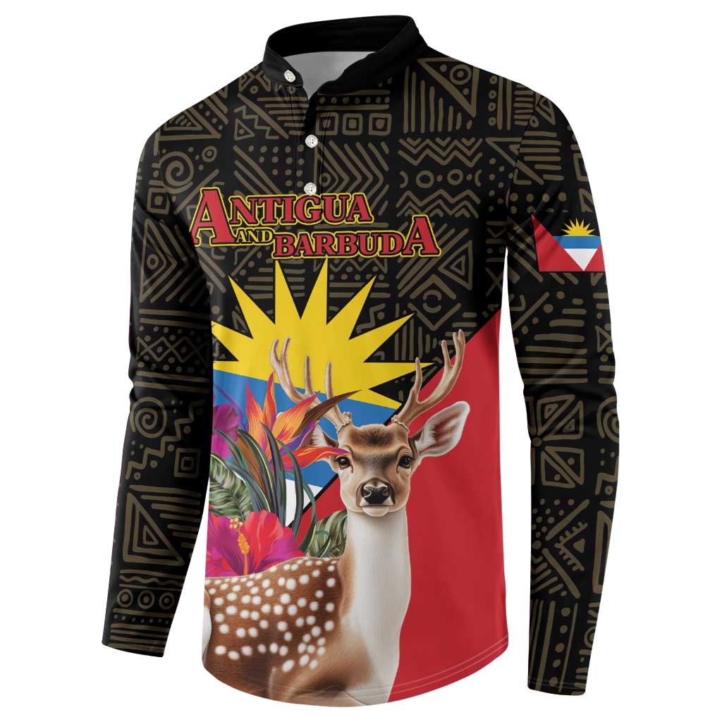Black button-front sweatshirt with Antigua and Barbuda logo, deer floral panel