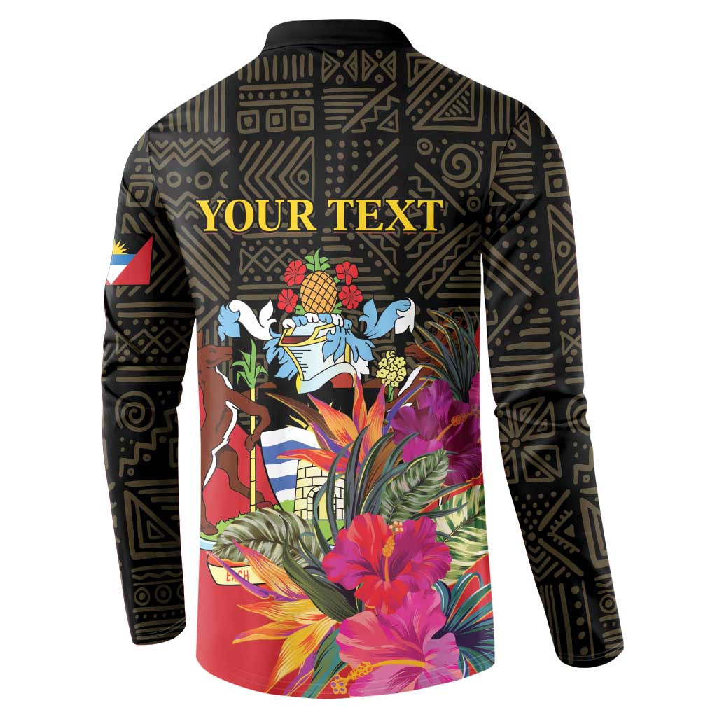 Black button-front sweatshirt back with YOUR TEXT and colorful tropical crest