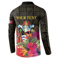 Black button-front sweatshirt back with YOUR TEXT and colorful tropical crest