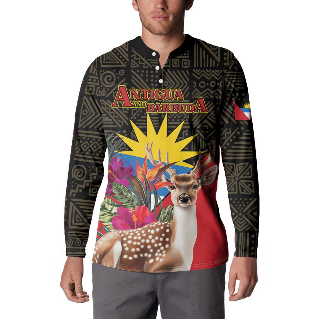 Black button-front sweatshirt with Antigua and Barbuda emblem, deer and red lower print