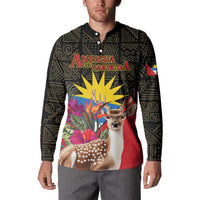 Black button-front sweatshirt with Antigua and Barbuda emblem, deer and red lower print