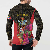 Black button-front sweatshirt back with YOUR TEXT and tropical flower illustration