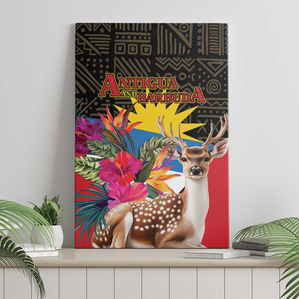 Framed canvas wall art showing deer, tropical bouquet, and Antigua and Barbuda text