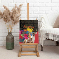 Framed canvas wall art on easel: deer with tropical flowers and Antigua and Barbuda logo