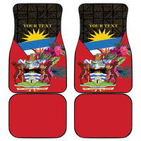 Car mat set with two patterned tropical crest mats and two solid red mats