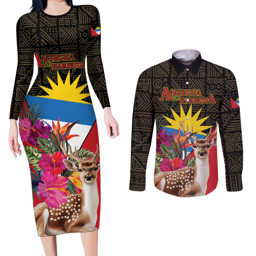 Personalized Antigua and Barbuda Couples Matching Long Sleeve Bodycon Dress and Long Sleeve Button Shirt Fallow Deer Tropical Bouquet - Wonder Print Shop