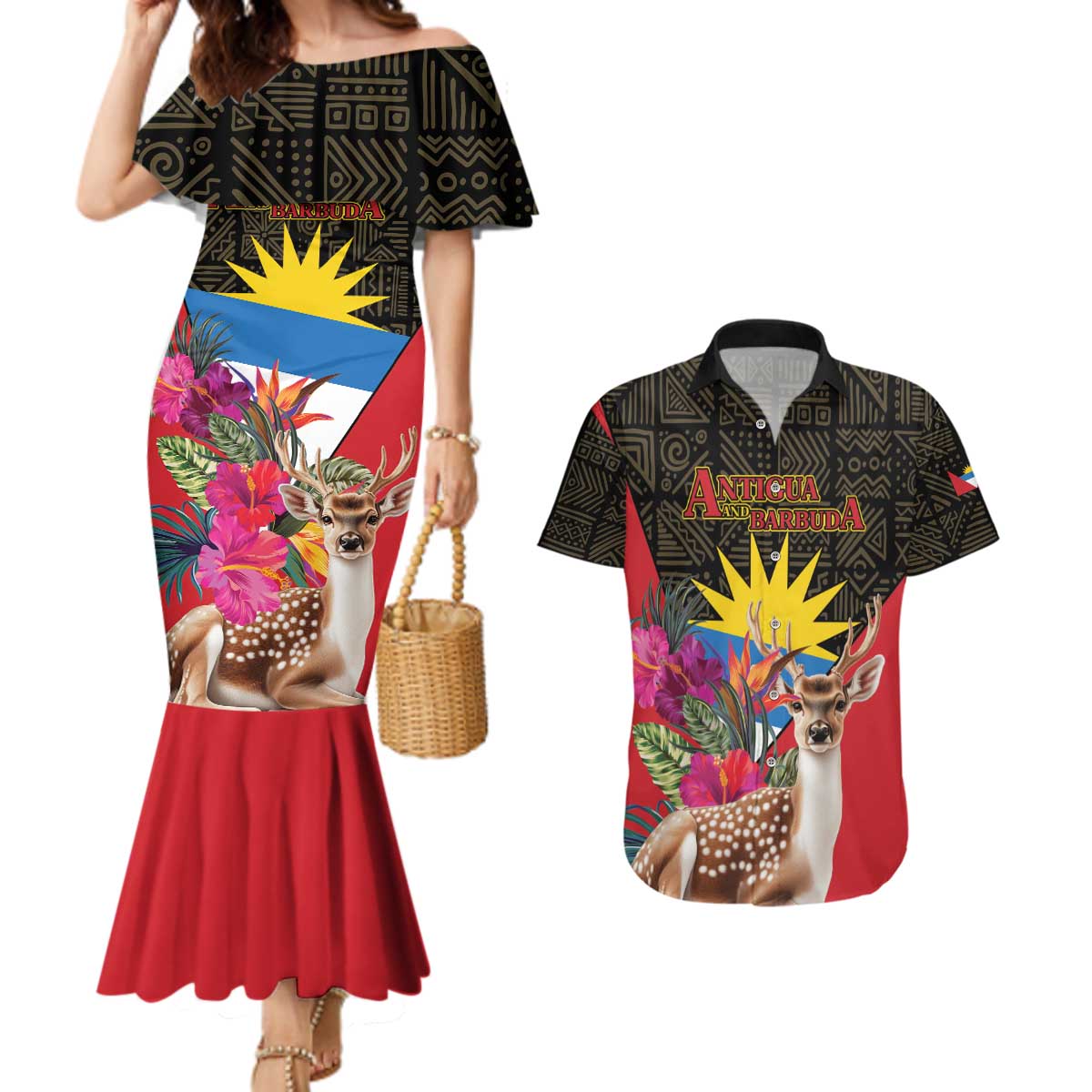 Personalized Antigua and Barbuda Couples Matching Mermaid Dress and Hawaiian Shirt Fallow Deer Tropical Bouquet - Wonder Print Shop