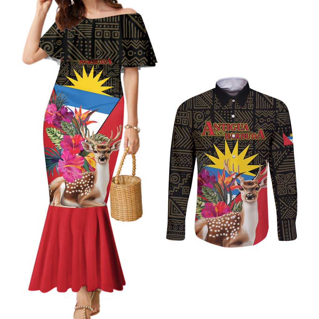 Personalized Antigua and Barbuda Couples Matching Mermaid Dress and Long Sleeve Button Shirt Fallow Deer Tropical Bouquet