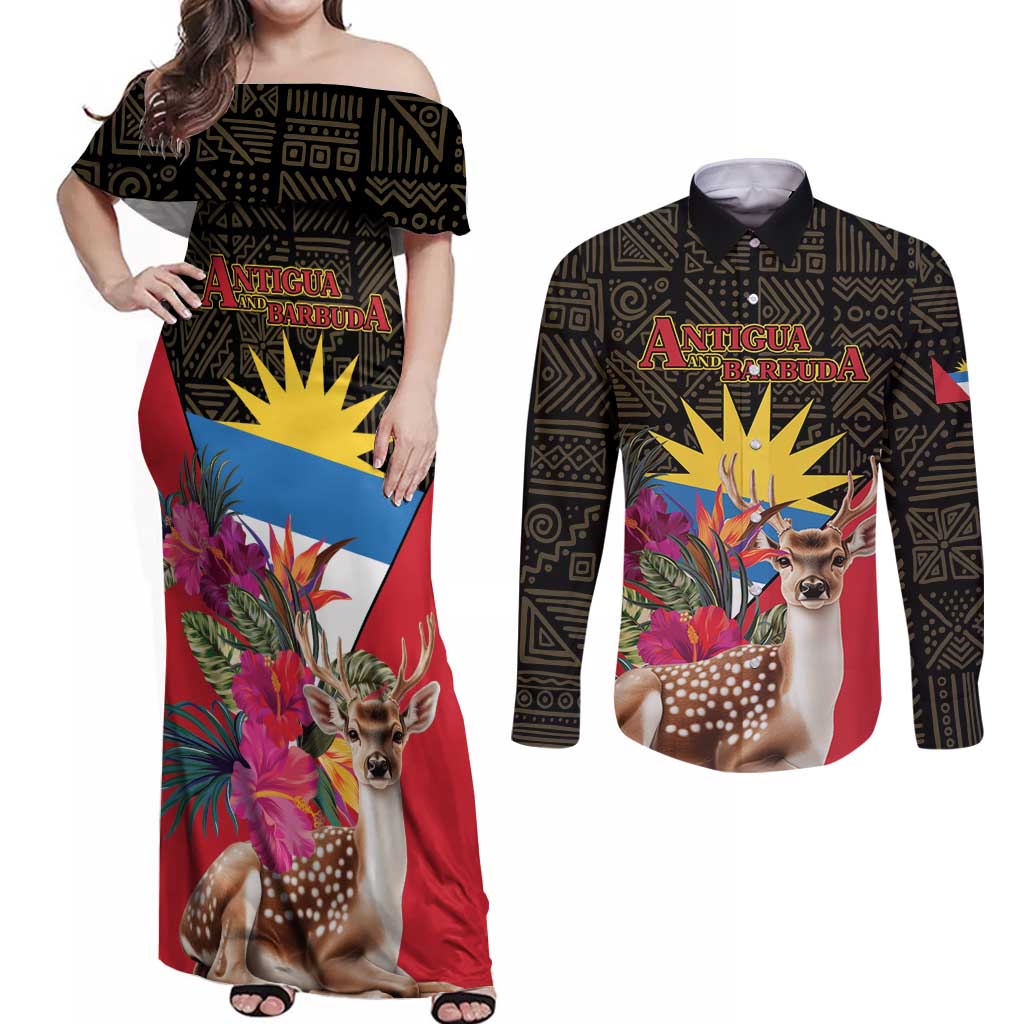 Personalized Antigua and Barbuda Couples Matching Off Shoulder Maxi Dress and Long Sleeve Button Shirt Fallow Deer Tropical Bouquet - Wonder Print Shop