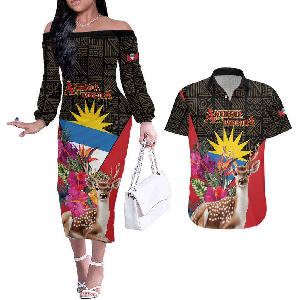 Personalized Antigua and Barbuda Couples Matching Off The Shoulder Long Sleeve Dress and Hawaiian Shirt Fallow Deer Tropical Bouquet - Wonder Print Shop