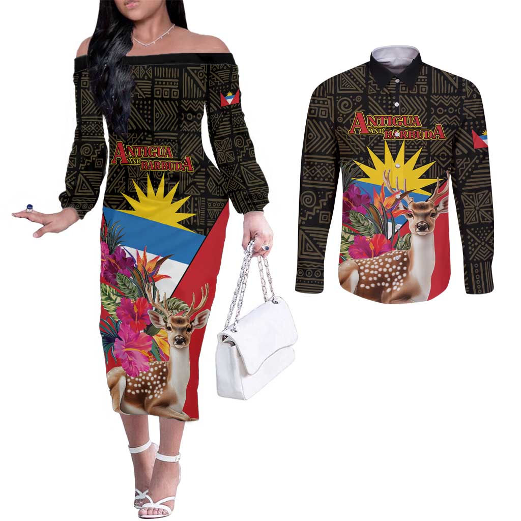 Personalized Antigua and Barbuda Couples Matching Off The Shoulder Long Sleeve Dress and Long Sleeve Button Shirt Fallow Deer Tropical Bouquet