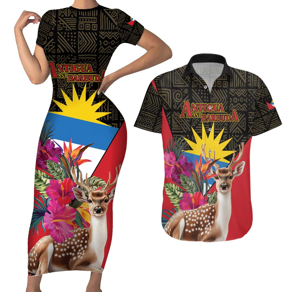 Personalized Antigua and Barbuda Couples Matching Short Sleeve Bodycon Dress and Hawaiian Shirt Fallow Deer Tropical Bouquet - Wonder Print Shop