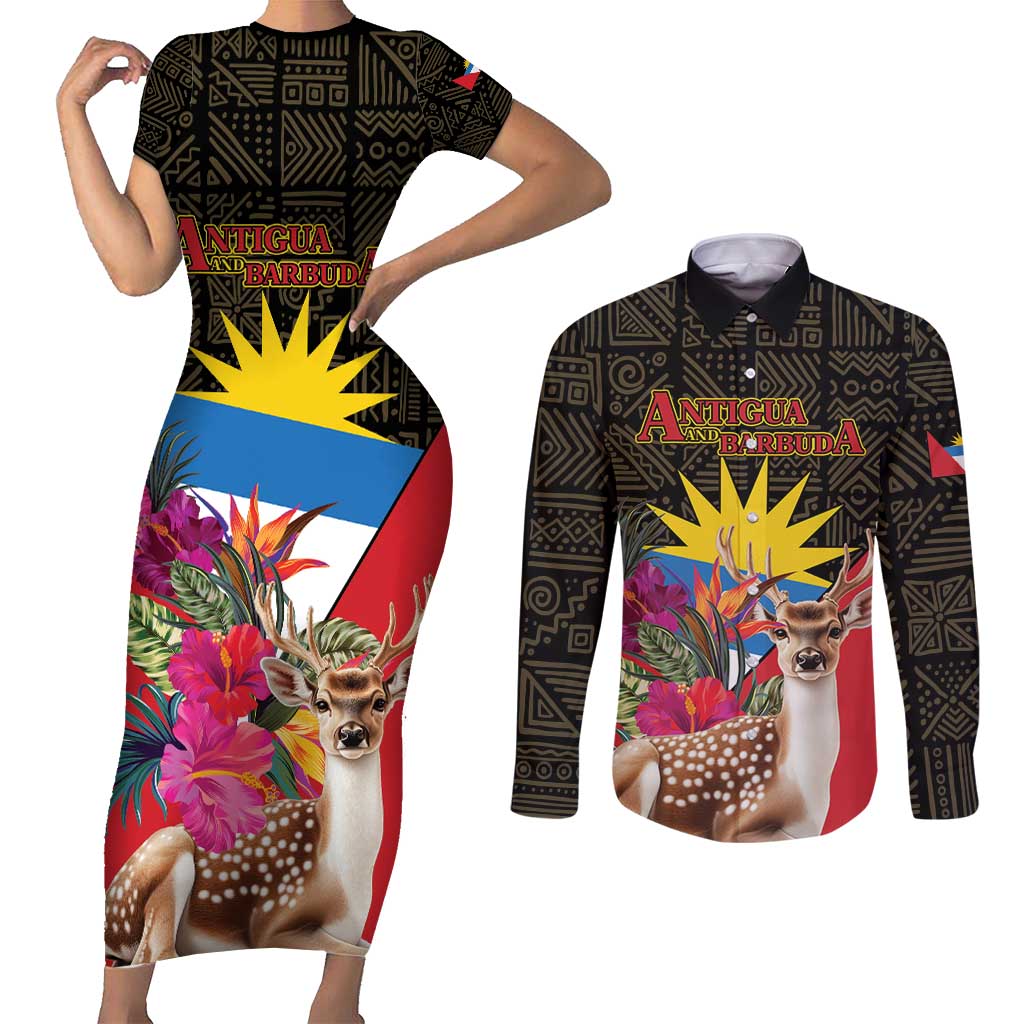 Personalized Antigua and Barbuda Couples Matching Short Sleeve Bodycon Dress and Long Sleeve Button Shirt Fallow Deer Tropical Bouquet - Wonder Print Shop