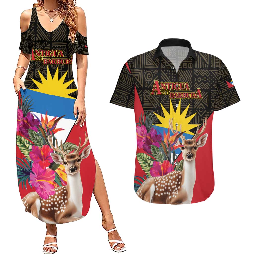 Personalized Antigua and Barbuda Couples Matching Summer Maxi Dress and Hawaiian Shirt Fallow Deer Tropical Bouquet - Wonder Print Shop