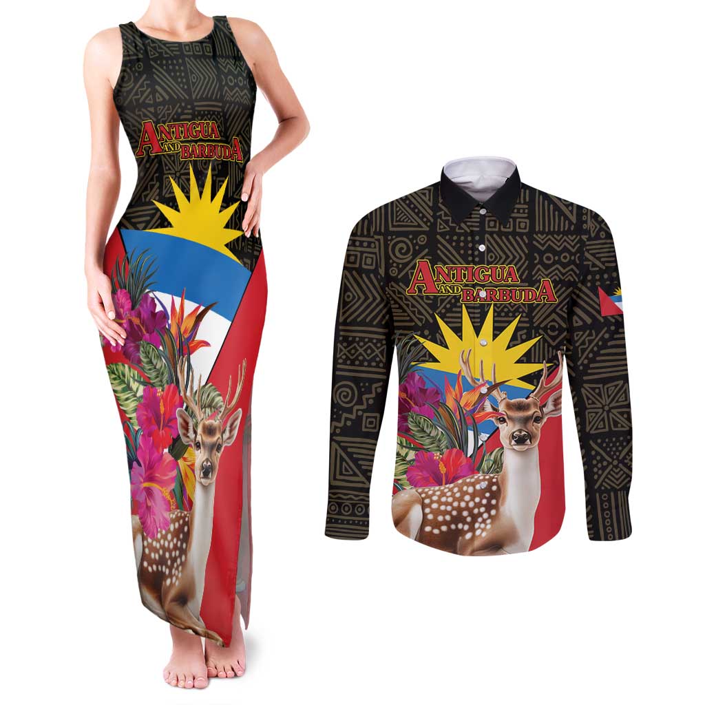 Personalized Antigua and Barbuda Couples Matching Tank Maxi Dress and Long Sleeve Button Shirt Fallow Deer Tropical Bouquet - Wonder Print Shop