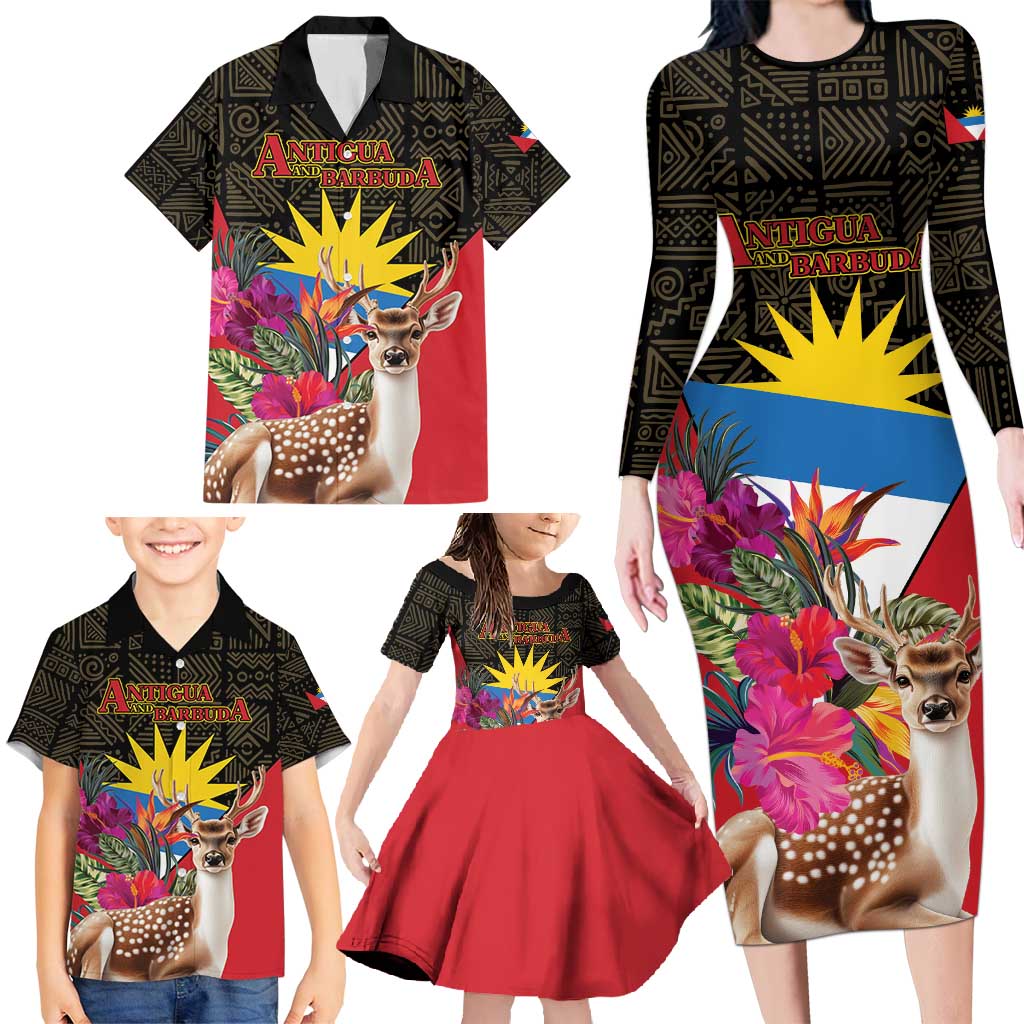 Personalized Antigua and Barbuda Family Matching Long Sleeve Bodycon Dress and Hawaiian Shirt Fallow Deer Tropical Bouquet - Wonder Print Shop