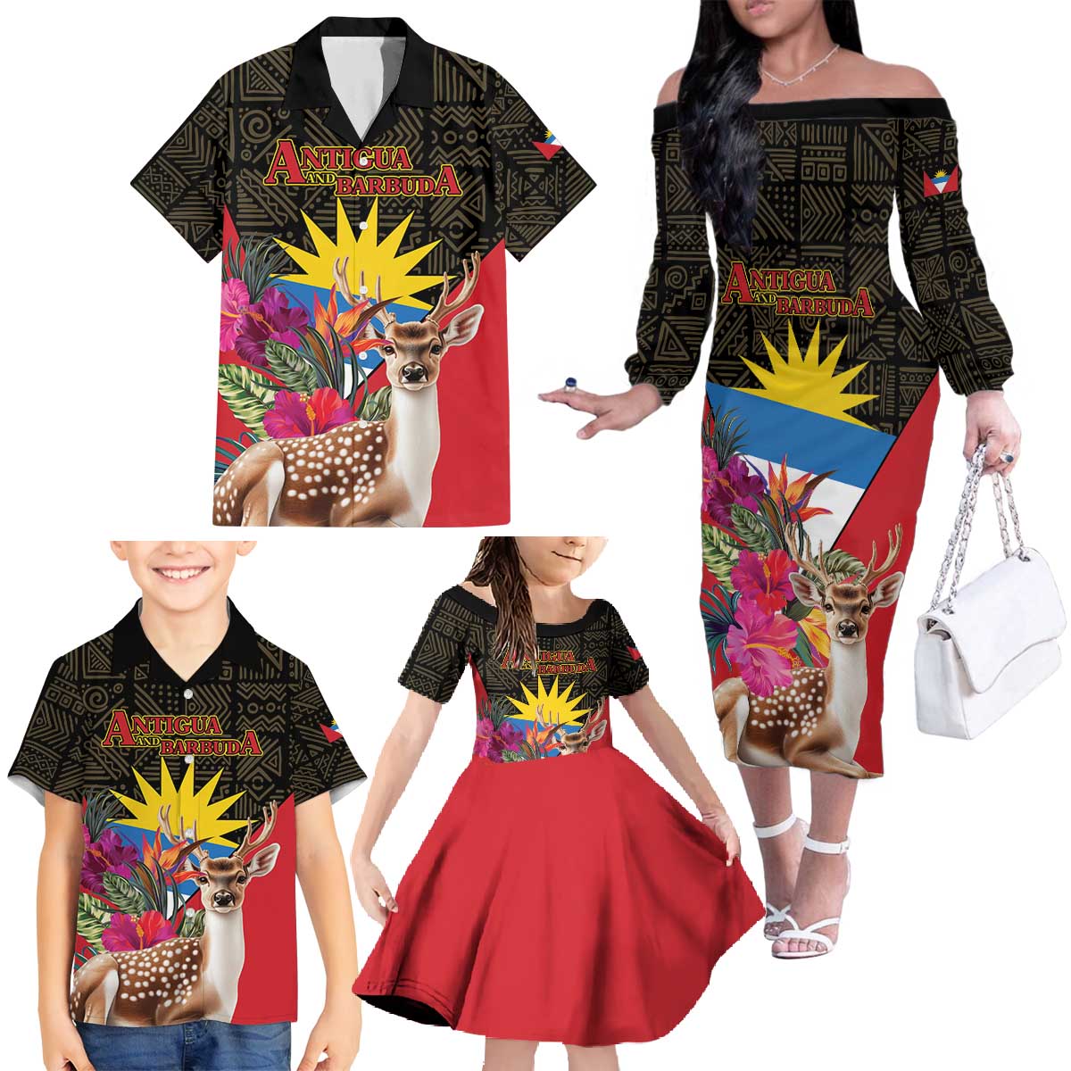 Personalized Antigua and Barbuda Family Matching Off The Shoulder Long Sleeve Dress and Hawaiian Shirt Fallow Deer Tropical Bouquet - Wonder Print Shop