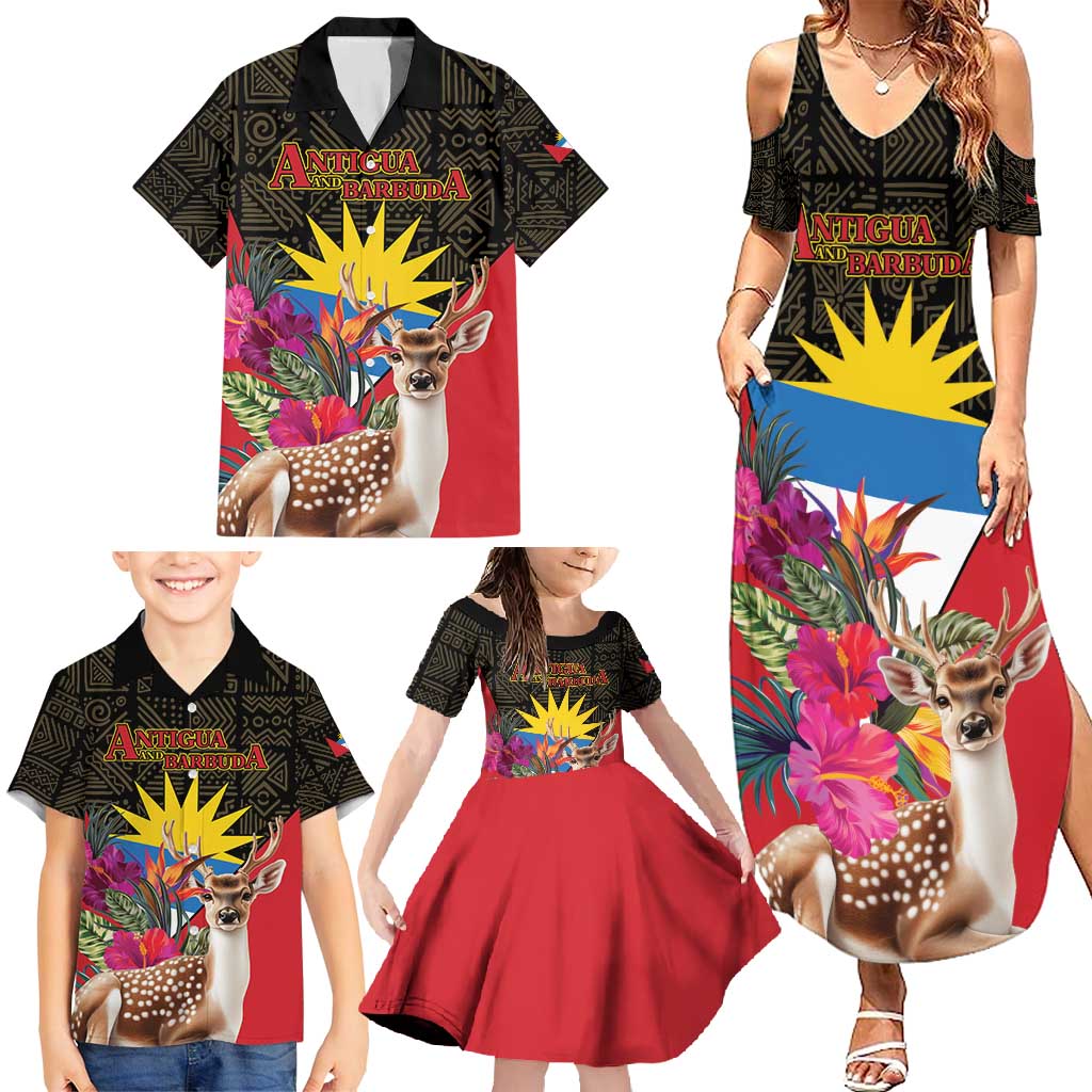 Personalized Antigua and Barbuda Family Matching Summer Maxi Dress and Hawaiian Shirt Fallow Deer Tropical Bouquet - Wonder Print Shop