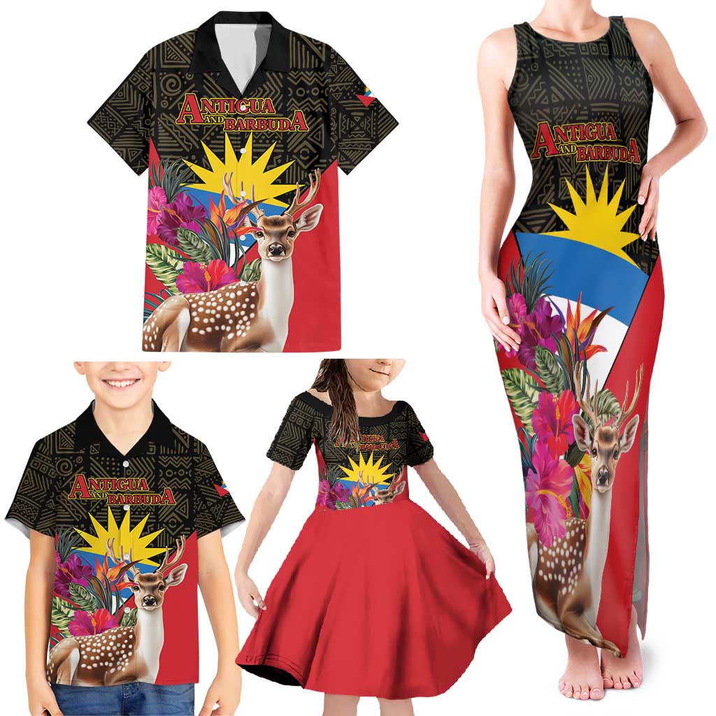 Personalized Antigua and Barbuda Family Matching Tank Maxi Dress and Hawaiian Shirt Fallow Deer Tropical Bouquet - Wonder Print Shop