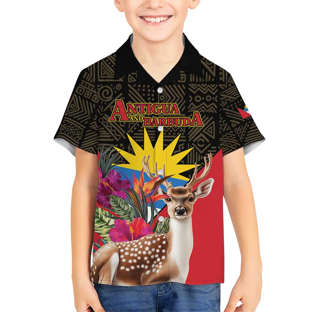 Personalized Antigua and Barbuda Kid Hawaiian Shirt Fallow Deer Tropical Bouquet - Wonder Print Shop