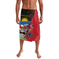 Personalized tropical print board shorts with black waistband and red floral panel