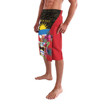 Personalized tropical print board shorts, side view with red floral panel