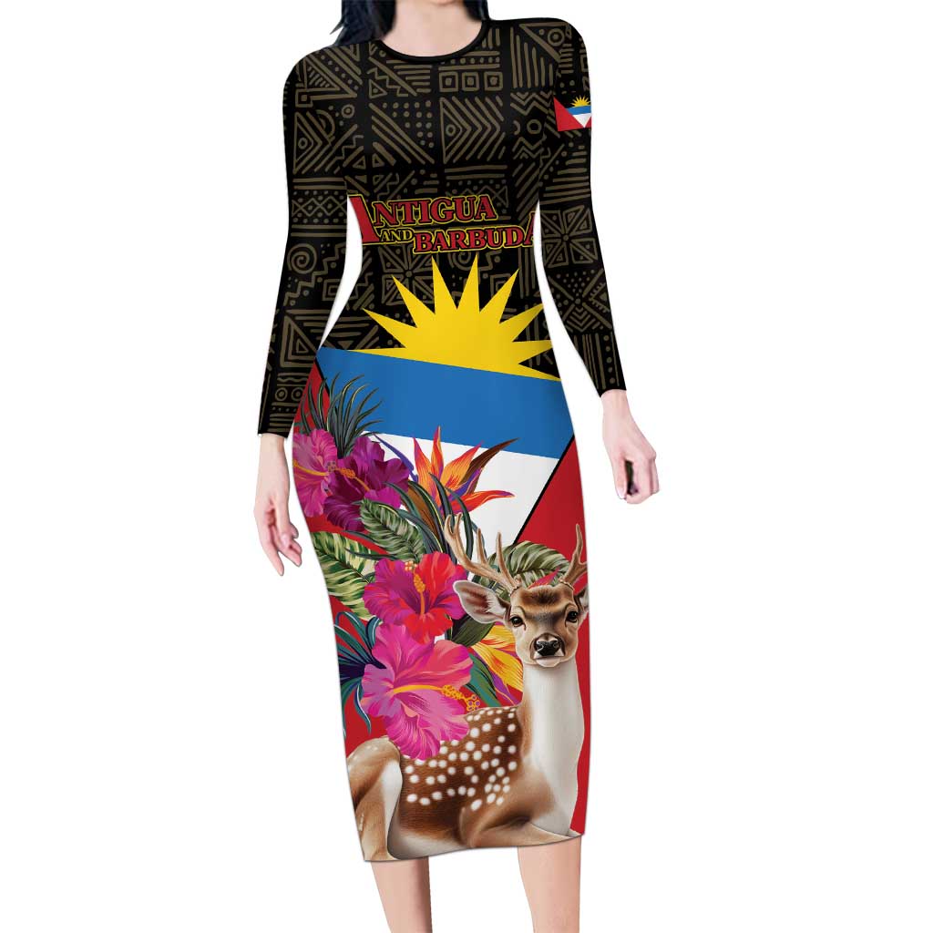 Personalized Antigua and Barbuda Long Sleeve Bodycon Dress Fallow Deer Tropical Bouquet - Wonder Print Shop