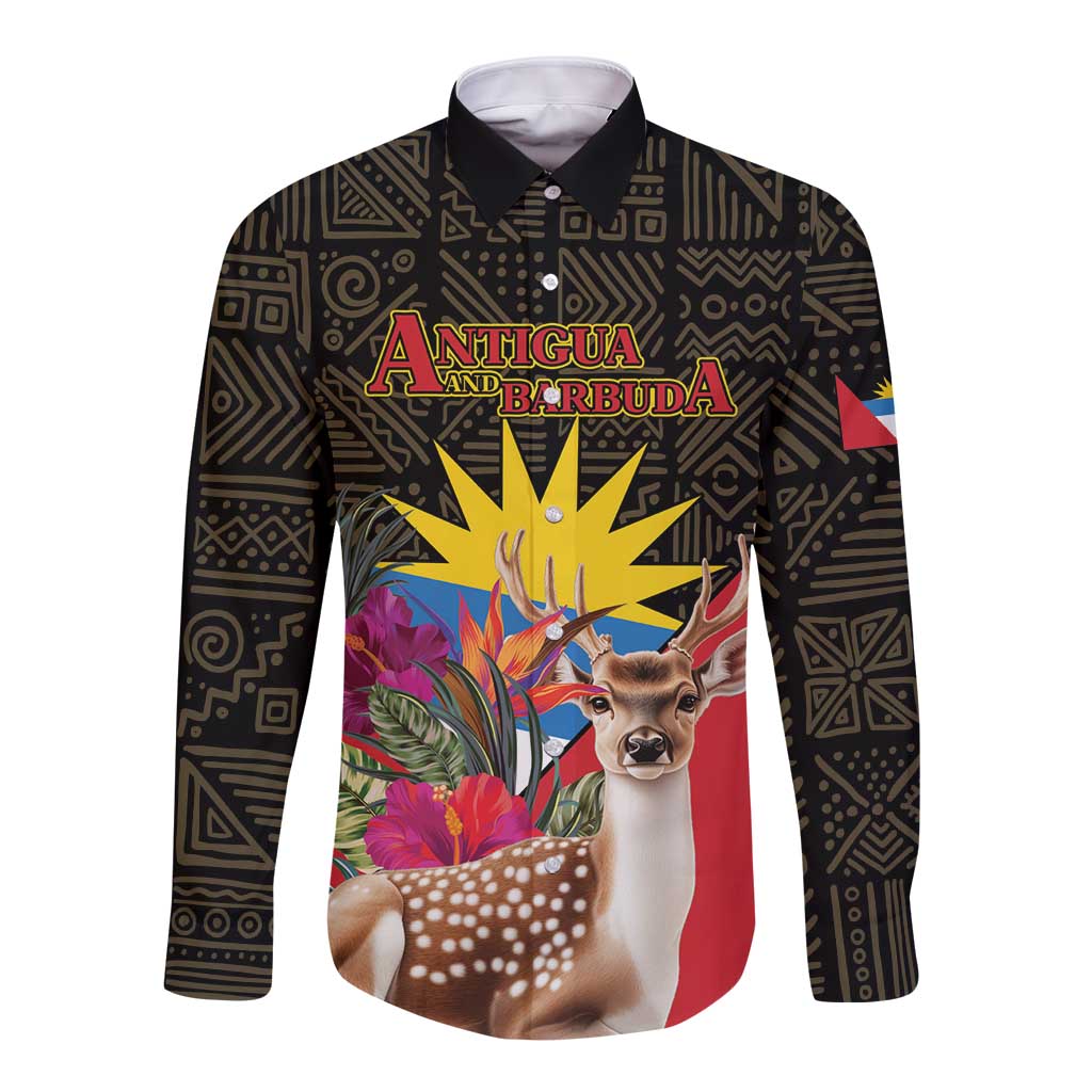 Long-sleeve button shirt with dark geometric pattern and tropical deer, flowers, Antigua print