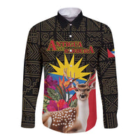 Long-sleeve button shirt with dark geometric pattern and tropical deer, flowers, Antigua print