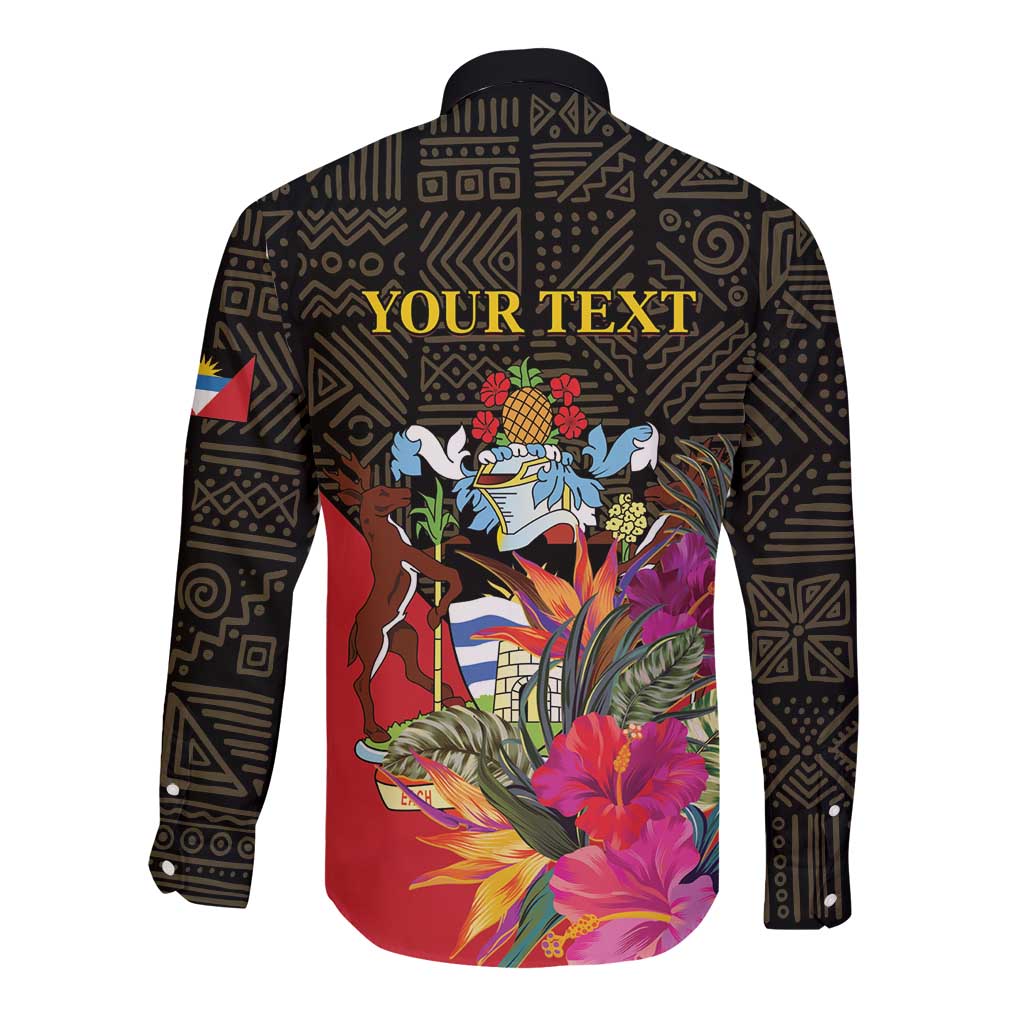 Long-sleeve button shirt with dark geometric pattern and tropical collage with 'YOUR TEXT'