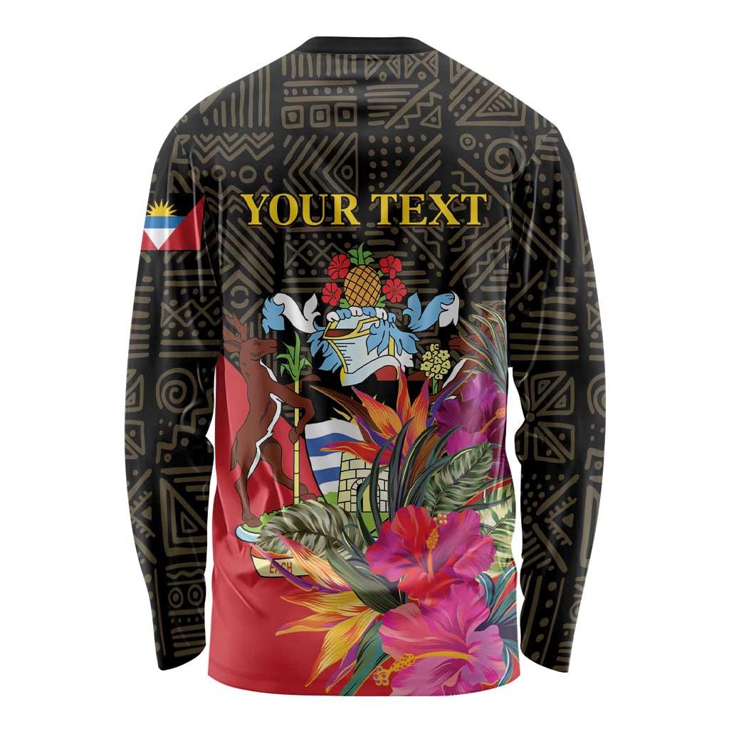 Long sleeve shirt with dark tribal print, YOUR TEXT, tropical plants and blue bird