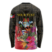 Long sleeve shirt with dark tribal print, YOUR TEXT, tropical plants and blue bird