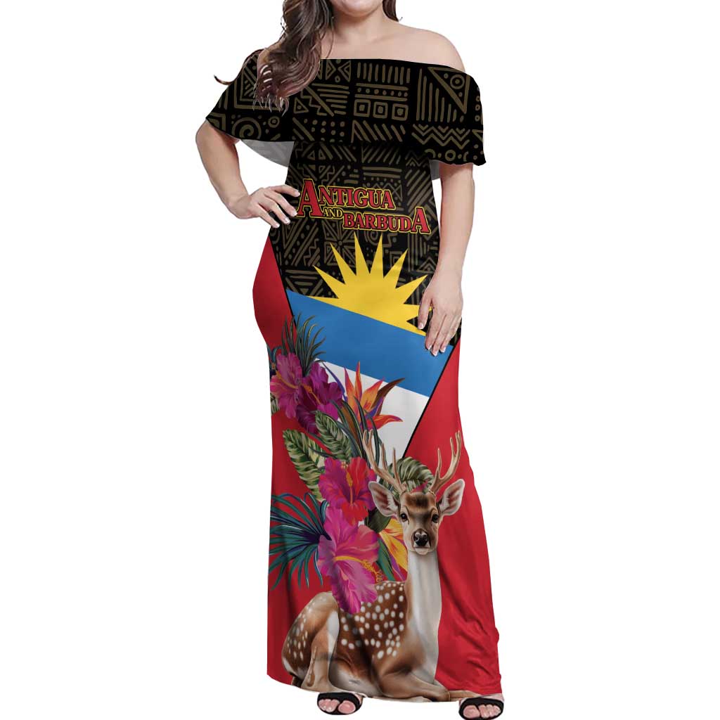 Personalized Antigua and Barbuda Off Shoulder Maxi Dress Fallow Deer Tropical Bouquet - Wonder Print Shop