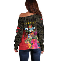 Women’s off-shoulder sweater back, dark print with 'YOUR TEXT' and tropical deer artwork