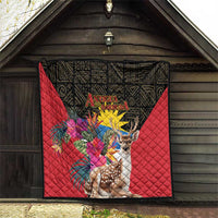 Red and black quilt blanket with deer and tropical flowers plus Antigua and Barbuda emblem