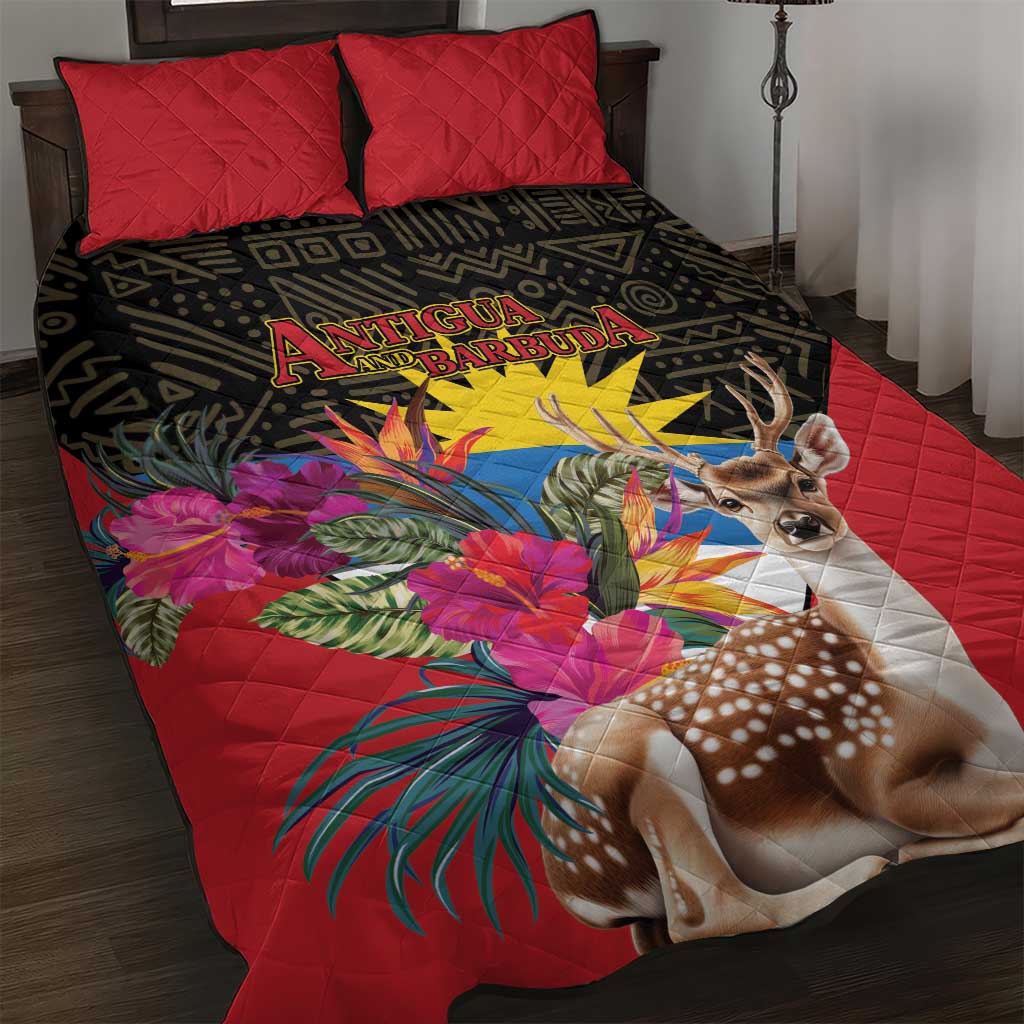 Antigua and Barbuda Quilt Bed Set Fallow Deer Tropical Bouquet - Wonder Print Shop