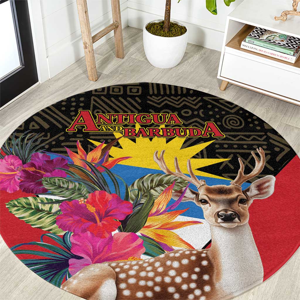 Antigua and Barbuda Round Carpet Fallow Deer Tropical Bouquet