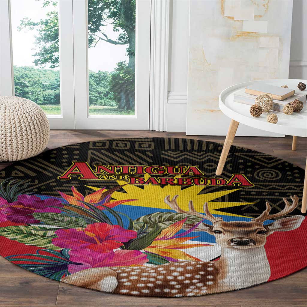 Round area rug with deer and tropical floral print on red with black border