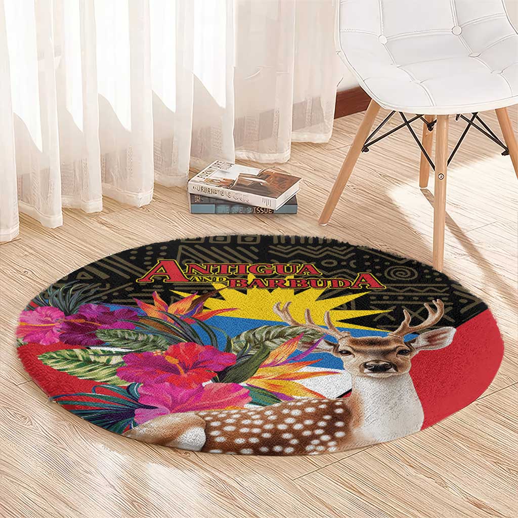 Round area rug with deer portrait, vibrant tropical flowers, and red circular center
