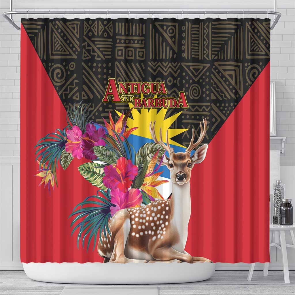 Red shower curtain featuring deer, tropical bouquet, and Antigua and Barbuda title