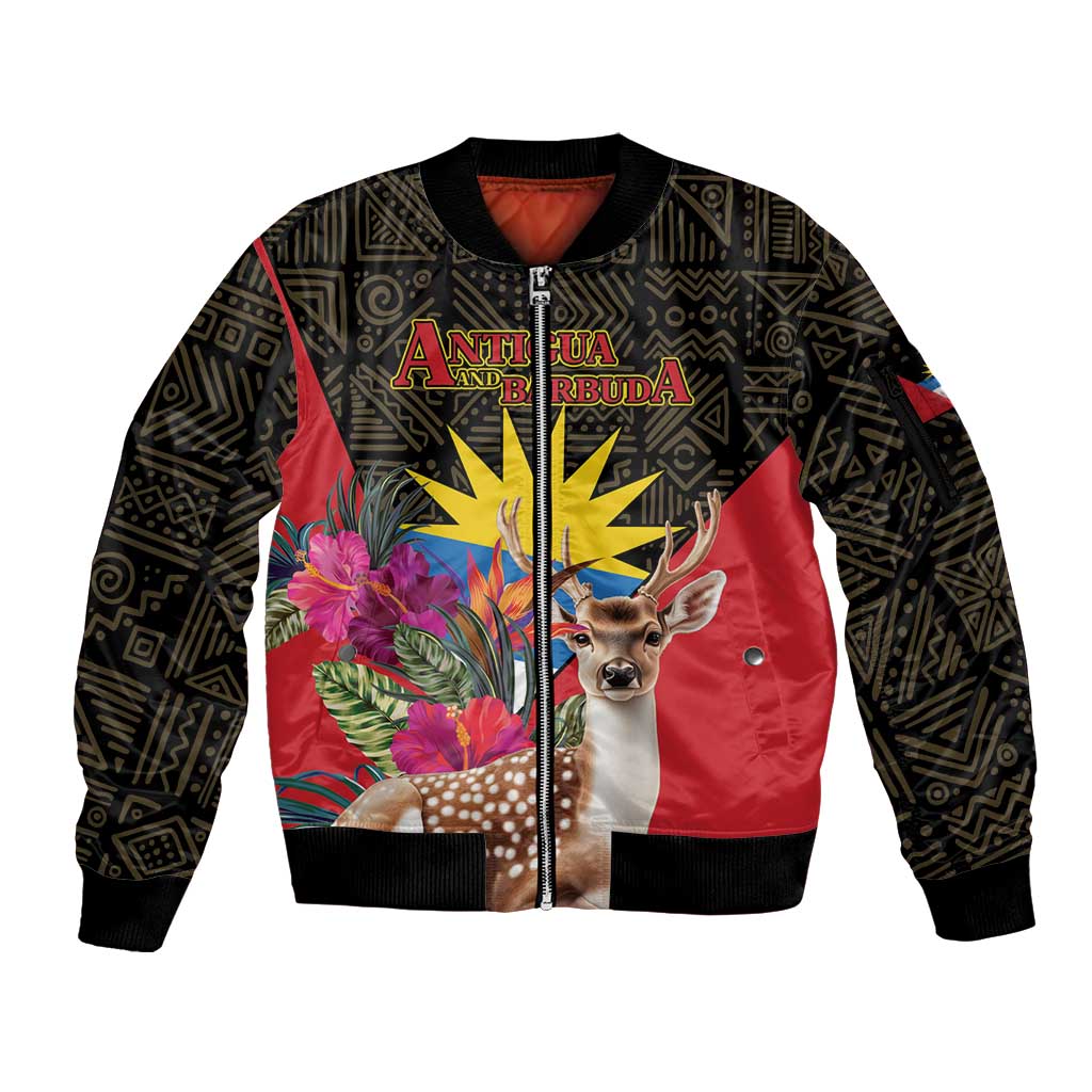 Personalized Antigua and Barbuda Sleeve Zip Bomber Jacket Fallow Deer Tropical Bouquet - Wonder Print Shop