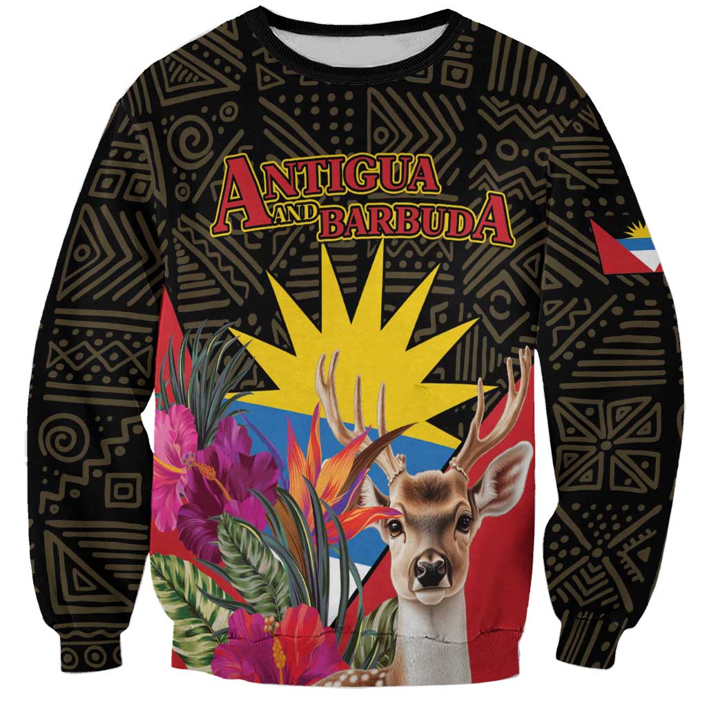 Unisex crewneck sweatshirt with Antigua & Barbuda deer tropical bouquet graphic, dark