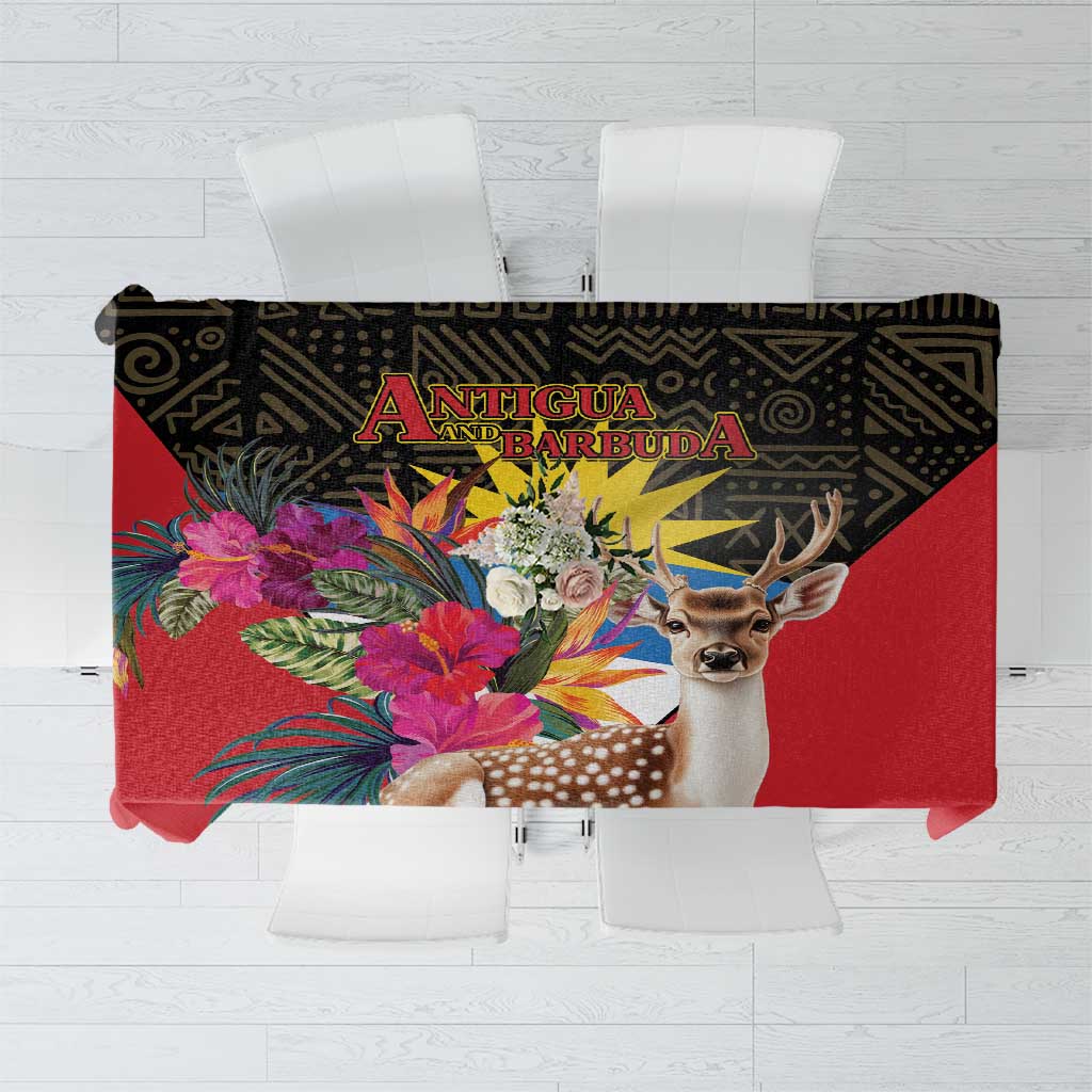 Red tablecloth with black border, deer and tropical floral bouquet print