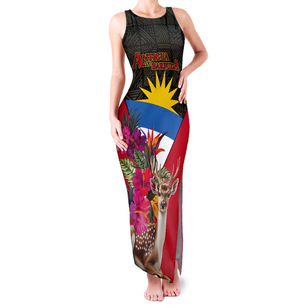 Personalized Antigua and Barbuda Tank Maxi Dress Fallow Deer Tropical Bouquet - Wonder Print Shop