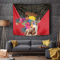 Fallow deer and colorful tropical flowers tapestry with red field, wall-hung above couch.