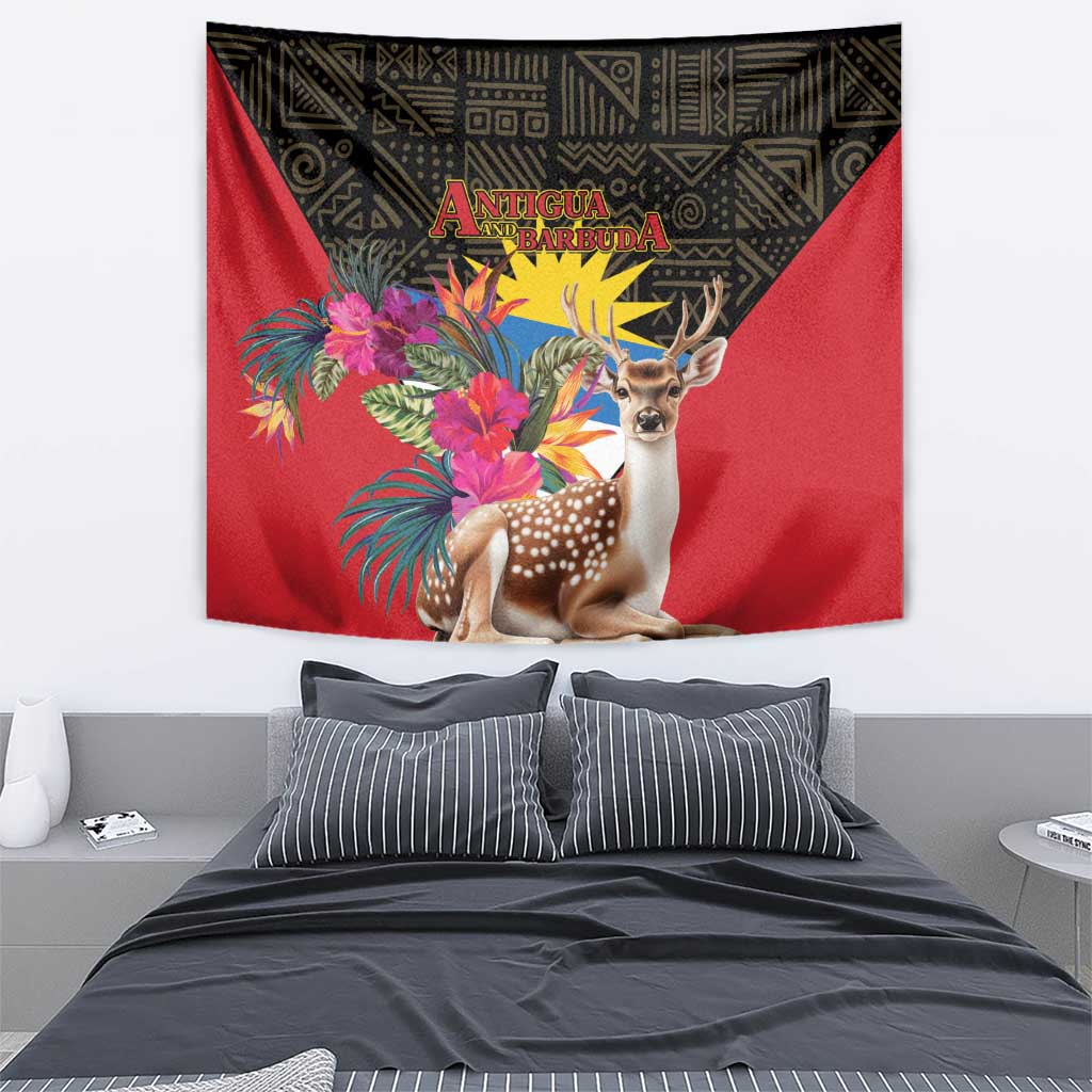Deer and floral bouquet tapestry with red backdrop, displayed behind a bed.