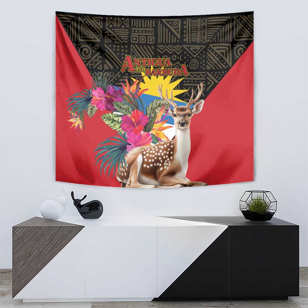 Fallow deer and tropical flowers tapestry on red background, mounted above a console.