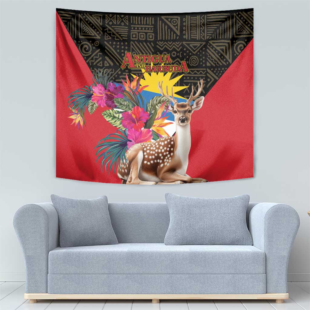 Deer and colorful tropical bouquet tapestry with red field, hung behind a light sofa.