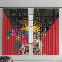 Tropical window curtain panels, red with black/yellow geometric print, deer and floral bouquet