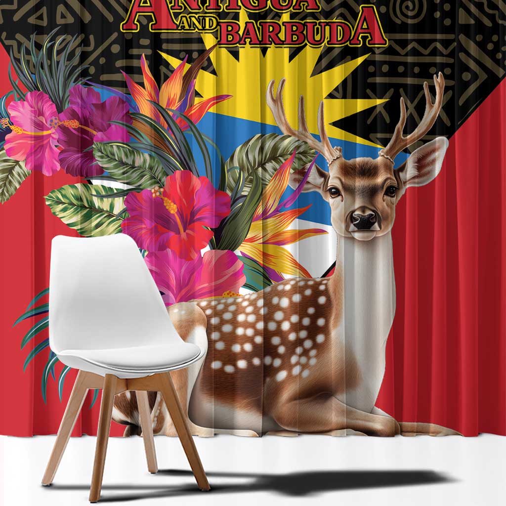 Tropical window curtain panel close-up, red with deer and bold pink tropical flowers